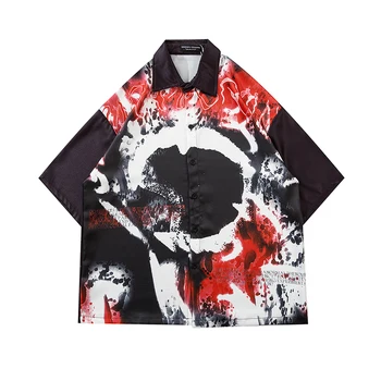 

Harajuku Graffiti Retro Short Sleeve Summer Shirts Men and Women Letter Print Lapel Loose Shirt Oversize Streetwear Hawaii Shirt