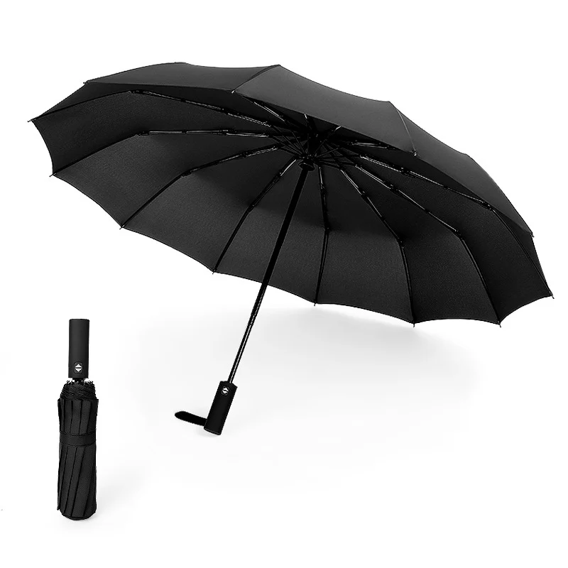 Only Jime Automatic Umbrella Solid Color 12 Bone Super Large Double Windproof Folding Umbrella Three Fold Unisex Umbrella - Цвет: Black