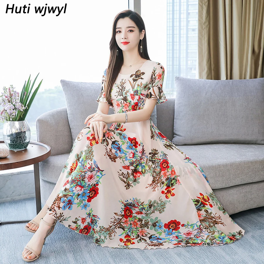 

2019 Vintage Floral Chiffon Boho Midi Dress Summer 3XL Plus Size Print Beach Maxi Sundress Women Bodycon Elegant Party Vestidos