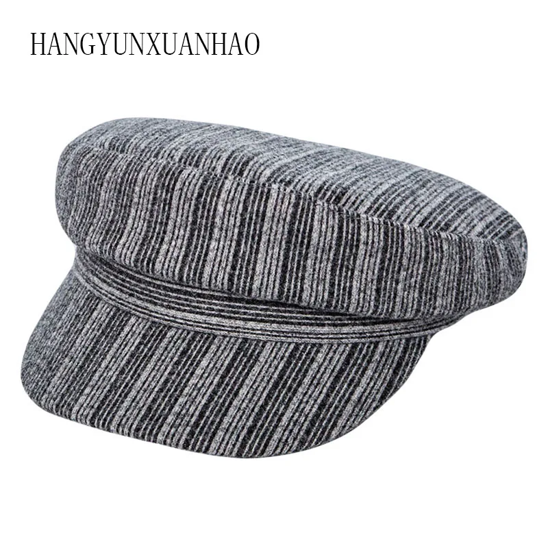 HANGYUNXUANHAO New Octagonal Hats Women Autumn Winter Cap Flat Top Cap Berets Hats Vintage Striped Caps