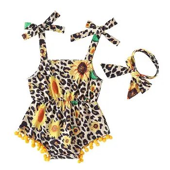 

Bodysuit Casual Comfortable Sunflower Overalls Romper Summer Outfit With A Headband For Newborn Baby Girl