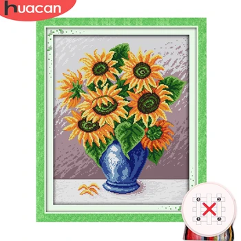 

HUACAN Embroidery Sunflower Cross Stitch Kits Floral Sets White Canvas DIY Gift Home Decor Needlework 11CT 14CT