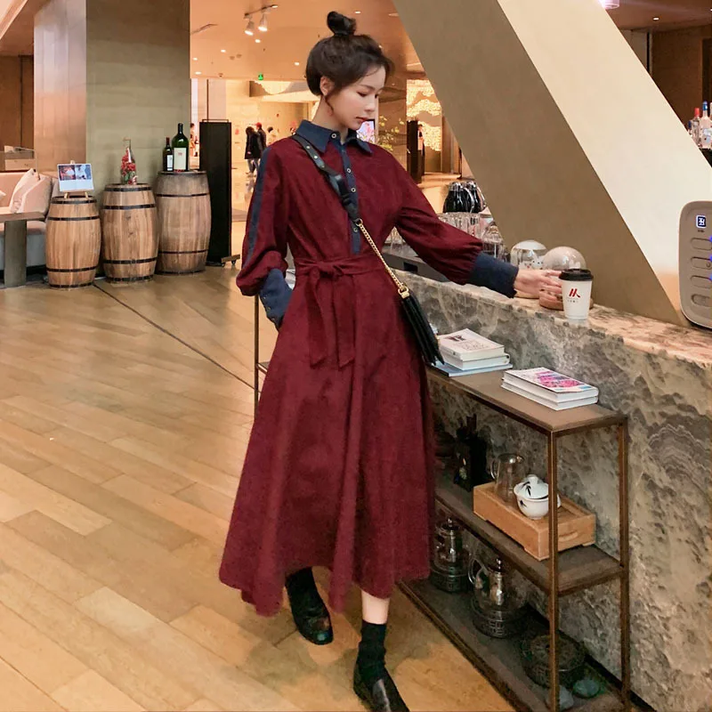 

Photo Shoot 2020 Spring And Autumn Women's Dress Korean-style Elegant Waist Hugging Skirt Slimming Mid-length Corduroy Coat Dres