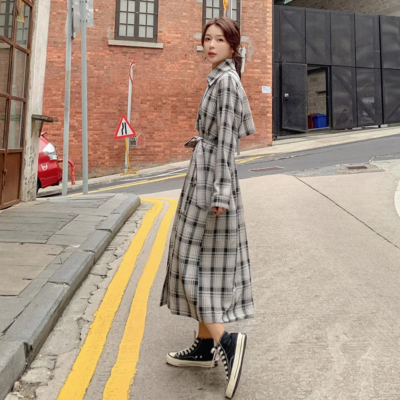 

Photo Shoot Trench Coat Women's Mid-length 2019 Autumn New Style Popular Students Korean-style Plaid Coat Short-height over-the-