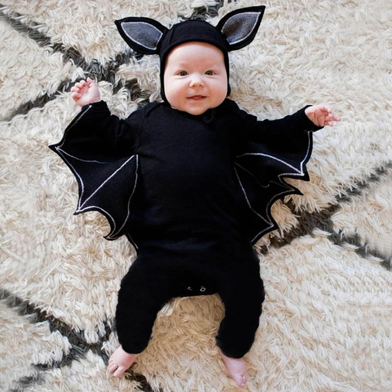 Одежда для новорожденных на Хэллоуин; маскарадный костюм летучей мыши для маленьких мальчиков и девочек на Хэллоуин; комбинезон с длинными рукавами и шапочка; комплект одежды; SR496