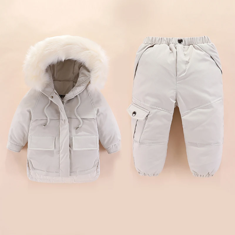 Baby Girls-30 Degrees Winter Warm Down Ski Sets Baby Kids Thickening Down Snowsuits Baby Boys Natural Fur Down Jacket+Pant