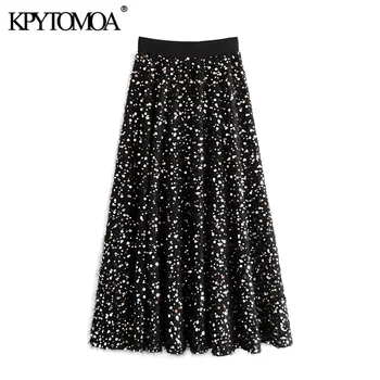 

KPYTOMOA Women 2020 Chic Fashion Sequined Pleated Midi Skirt Vintage High Elastic Waist Frayed Trim Female Skirts Faldas Mujer