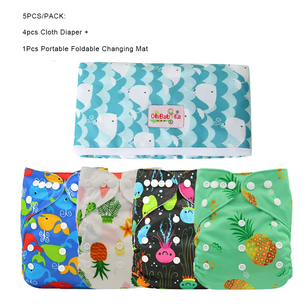 Foldable Portable Baby Nappy Changing Pad Reusable Baby Pocket Diapers 4pcs+1pc Washable Baby Cloth Diapers Mat - Цвет: OBHN8