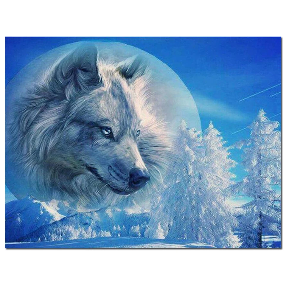 diamond embroidery moon wolf snow tree 5 d diy diamond painting full square round diamond mosaic Winter landscape wall art,