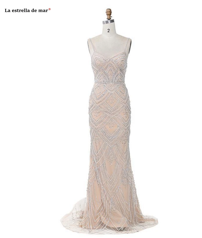 Robe de soiree2019 Кристалл Спагетти StrapV шеи Серебро Шампанское слоновой кости сексуальные Русалка Вечерние платья длинное роскошное бальное платье - Цвет: Шампанское