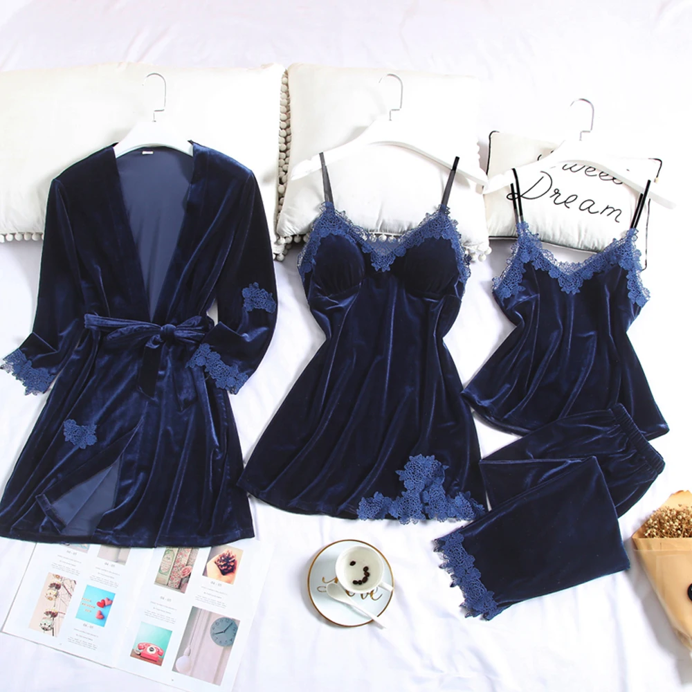 Пижама женская зимняя пижама велюровая 4 шт. бархатные пижамы с ремешком ночное