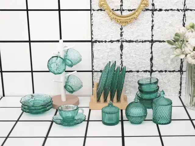 1:6 doll house mini model furniture accessories Glass texture combination （Including cups and saucers, fruit plates, salad bowl 3
