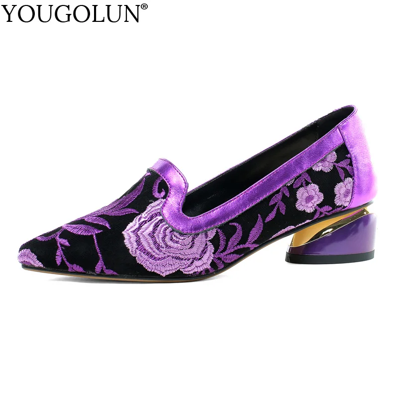 

Embroidered Heels Women New Spring Autumn Elegant Ladies Heel Shoes C276 Ethnic Woman Blue Purple Pointed Toe Cow Leather Pumps