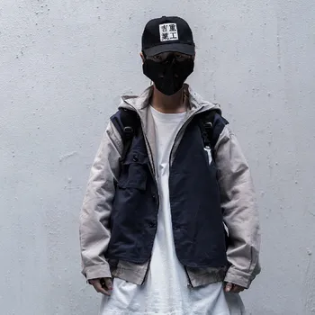 

2020SS Men/Women Mulit Pockets Color Block Blue Coat Streetwear Harajuku Hip Hop Casual Cotton Jackets Coats