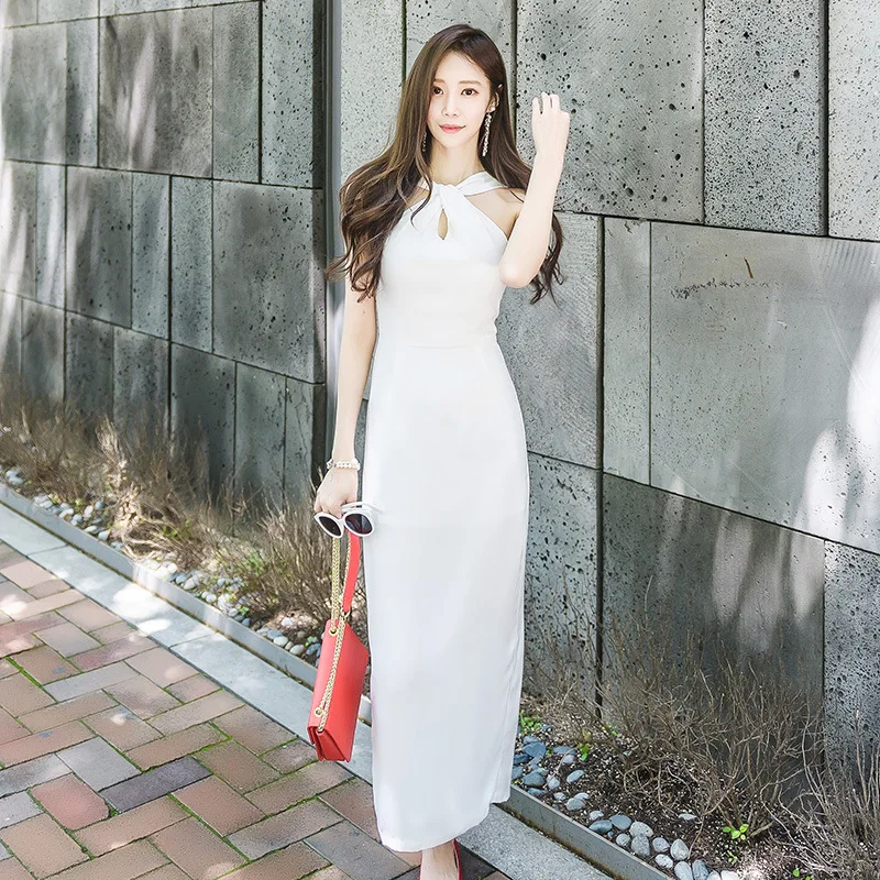 

2018 Summer New Style Debutante Elegant Halter Sheath Slit Long Formal Dress Women's