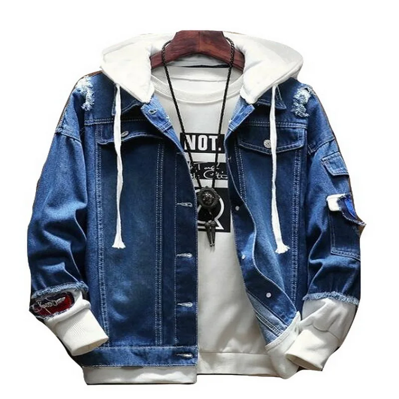 

VXO Mens jacket winter Men Jackets Spring Autumn Fake Two Pieces Patchwork Denim Hooded Jacket Causal Worn Hole Coat Outwear