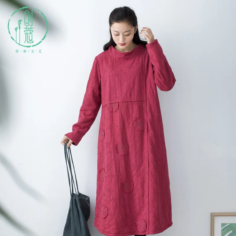 

Artistic Mid-length A- line Skirt 2019 Autumn & Winter Base Dress round Neck Fleece Lined Retro Cotton-padded Clothes Winter D