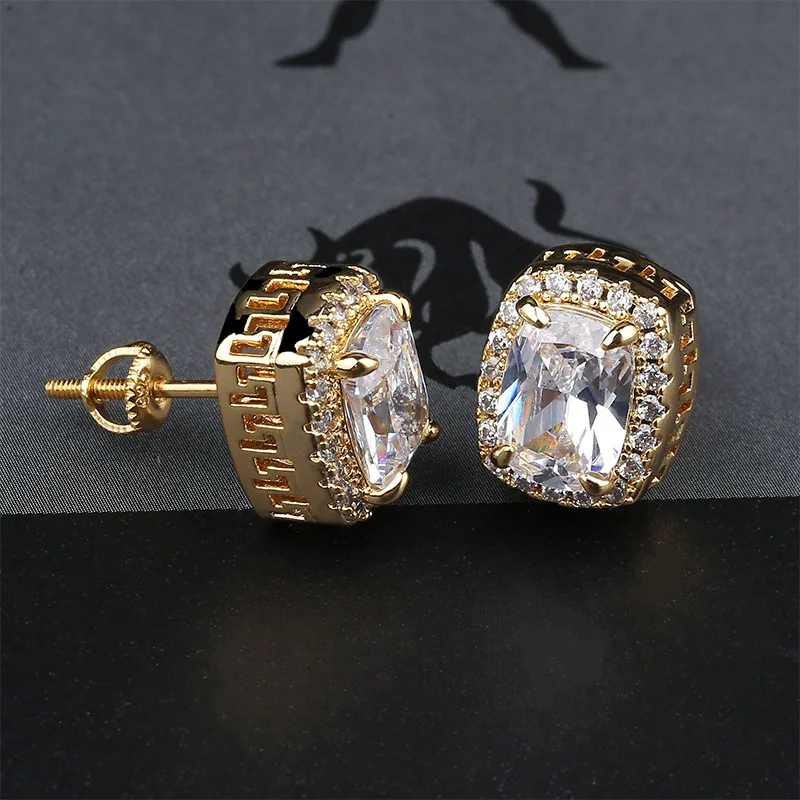 Хип-хоп ювелирные серьги для мужчин и женщин золото серебро Цвет Iced Out CZ Bling квадратные серьги с закручивающаяся задняя часть пряжки