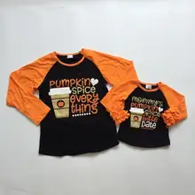 Осенние футболки с маркой бутика для маленьких девочек на Хеллоуин, одежда из хлопка с рисунком тыквы и специй, детские футболки с рукавами «Мама и я»