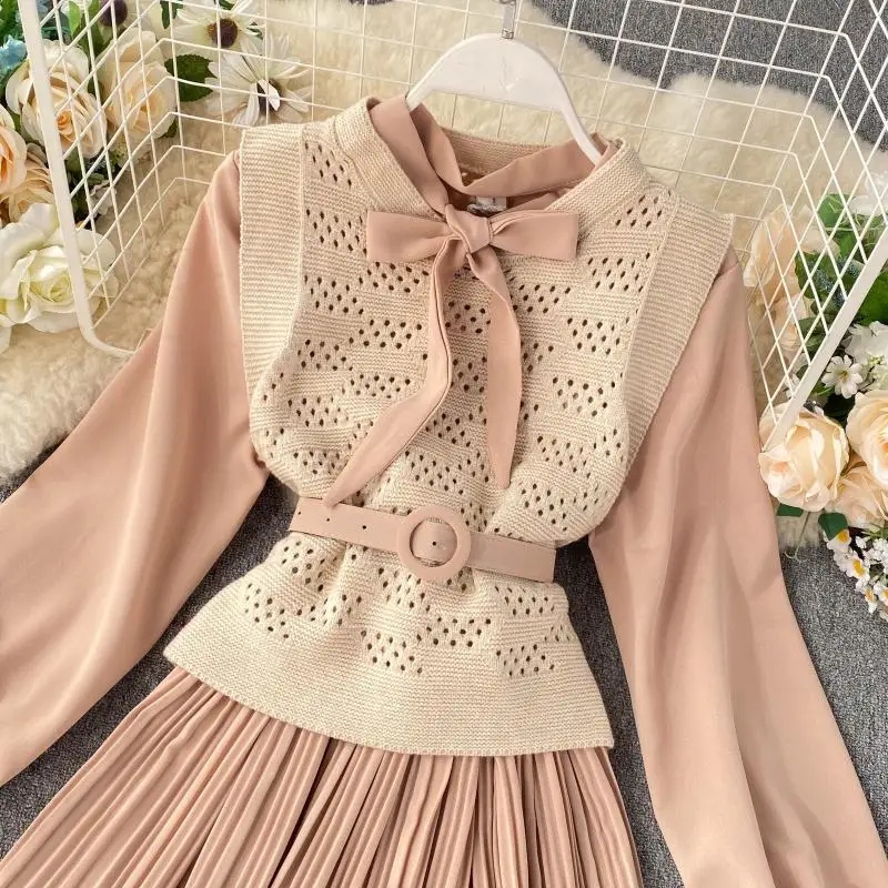 Neploe French Retro Temperament Chic 2 Pcs Women Set Autumn Lace Up Bow Long Pleated Dress+ Hollow Out Knit Vest Chandal 47035