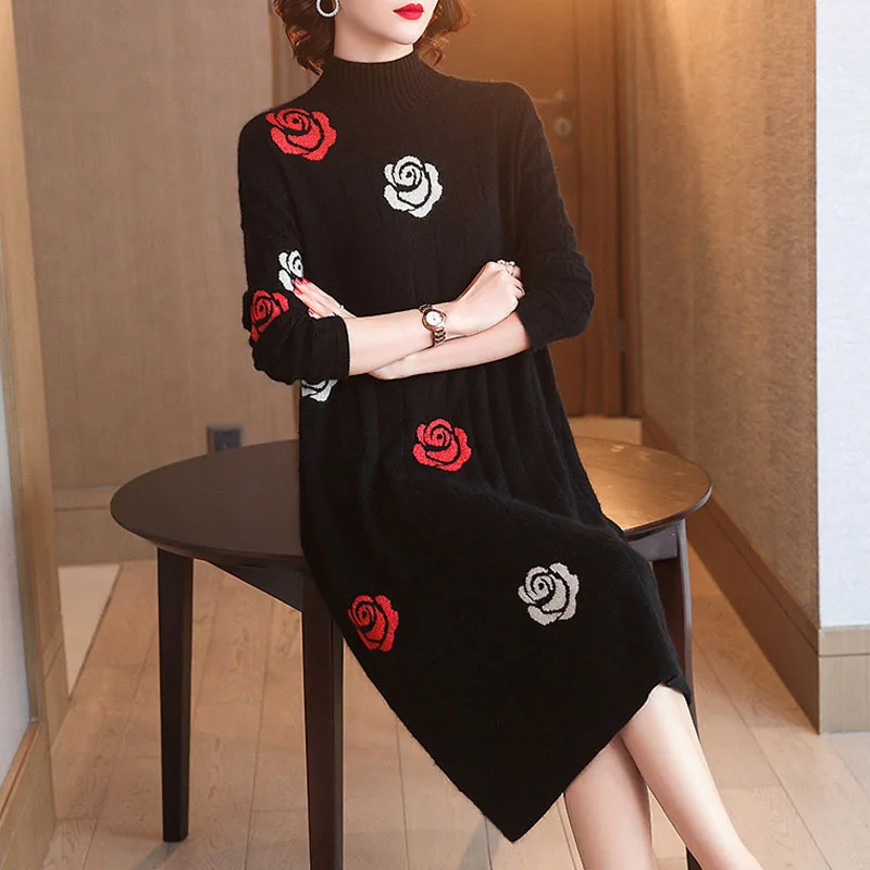 

Wool Jersey Dress Women's Europe And America New Style Printed Black Loose-Fit Mid-length over-the-Knee Underwear Sweater Dress