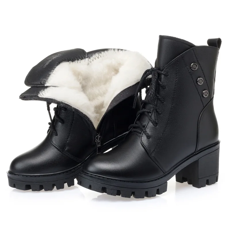 

2022 New Full Cowhide Winter Martin Boots Warm Inside Plush or Wool Snow Boots Thick Heels Non-slip Black Women Boots Big Size