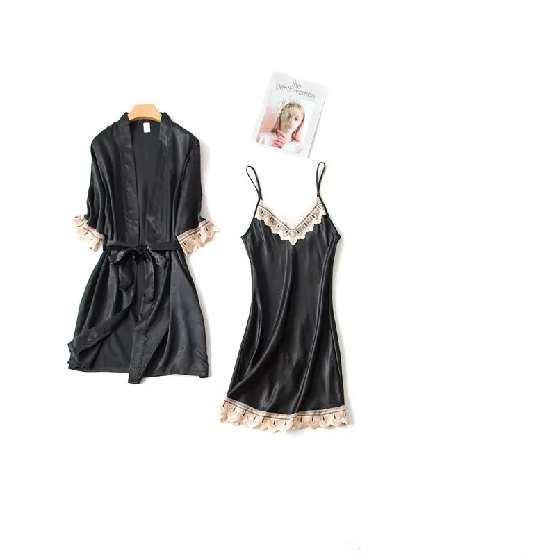 Summer New Lace Fashion Women Sleepwear With Chest Pad Nightdress Short Cardigan Set Pajamas - Цвет: black 2