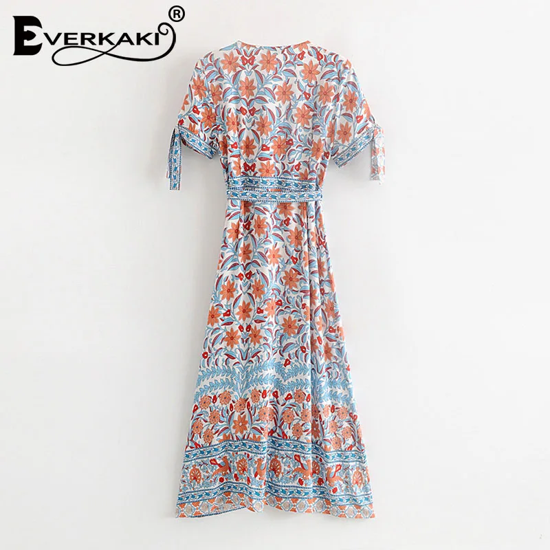 Everkaki Boho платье с цветочным принтом для женщин Регулируемый пояс пояса завязывается Цыганский узор длинные платья женские лето осень