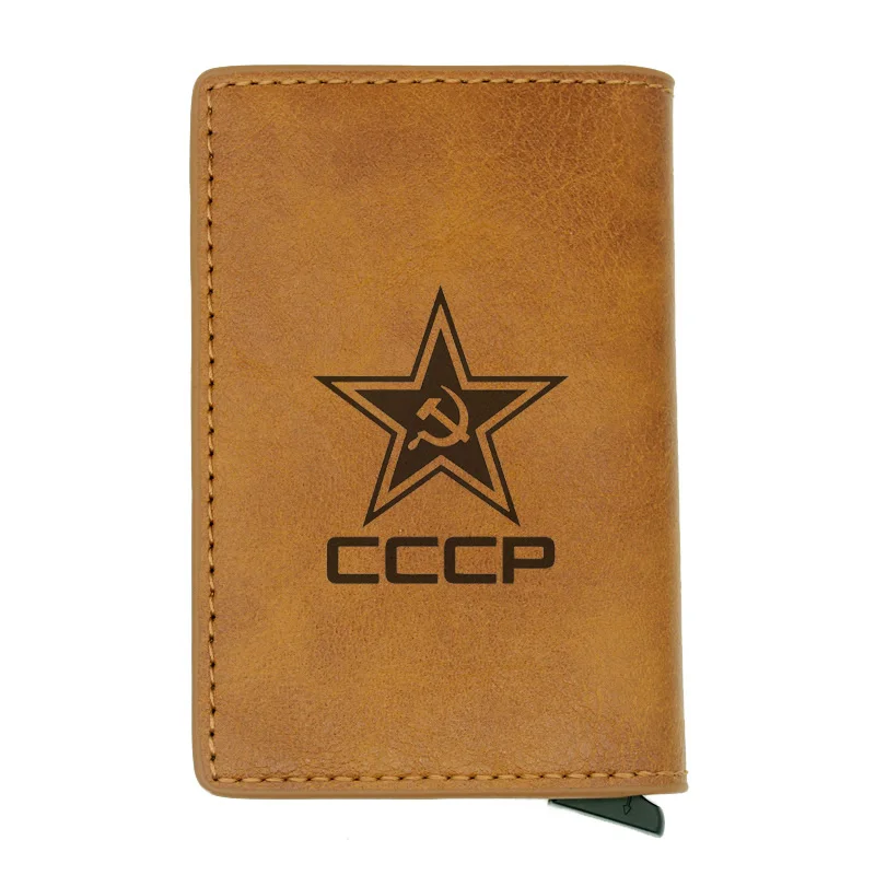 Ретро Красный Советский Союз Scythe Hammer CCCP Rfid держатель для карт мужские кошельки винтажные короткие кожаные тонкие кошельки маленький кошелек - Цвет: Brown