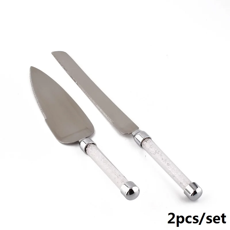 Silver 2 шт серебряный нож для торта, набор для сервера, акриловая ручка, очки, кристаллический шпатель для торта, свадебный подарок, нержавеющая сталь, элегантный - Цвет: Silver