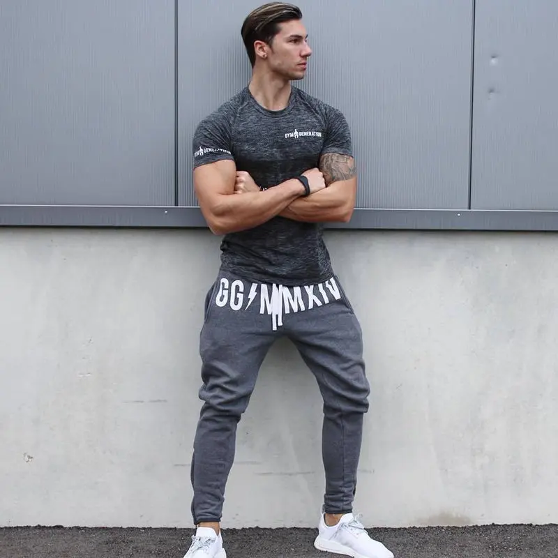 slim fit golf trousers Black Joggers Sweatpants Men Cotton Print Casual Pants Gym Fitness Slim Drawstring Trousers Male Sportswear Running Track pants gym joggers