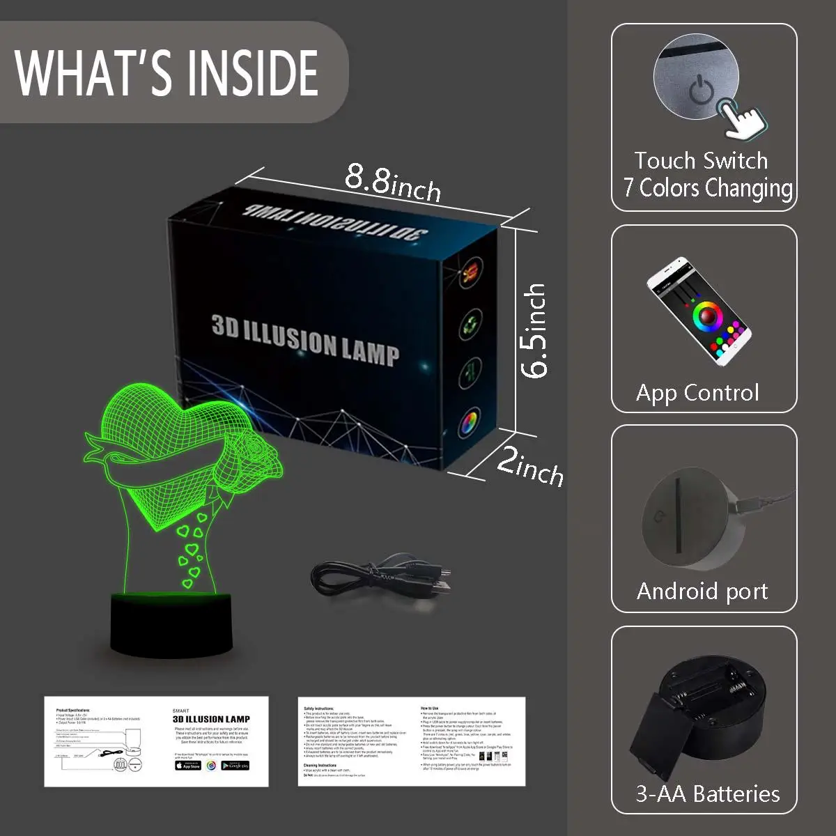 NiteApps 3D сердце и цветок ночник настольная Иллюзия украшение лампа подарок на день рождения приложение/сенсорный контроль