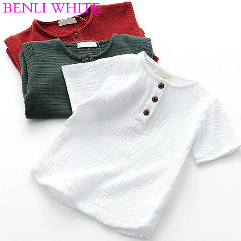 

2020 Cotton Linen Baby Boy T Shirts New Summer Toddler Comfortable Girls Tops Children Clothing Kids Button Tees 90-140CM Height
