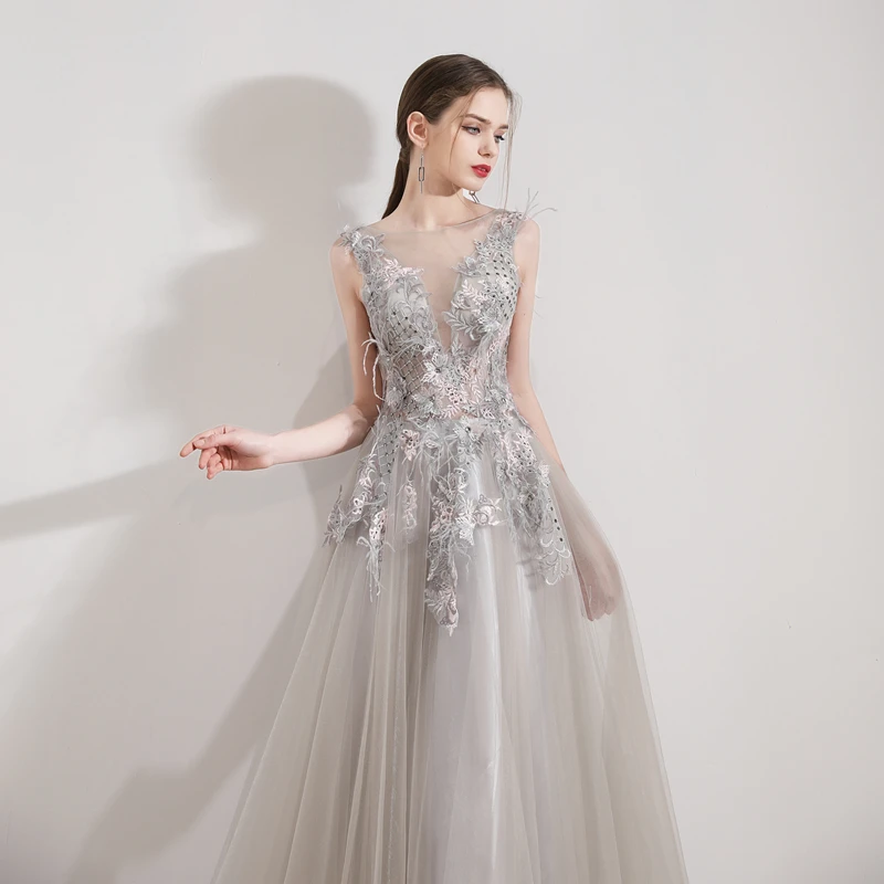 SSYFashion новая Банкетная элегантный серый вечернее платье с кружевом и вышивкой