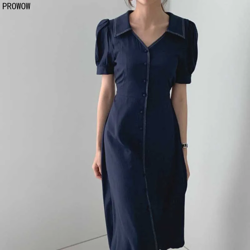Korean Chic French Slim Women Dress 2020 Summer New Retro Chiffon Lapel Puff Sleeve Midi Dress Ladies Elegant Party White Dress