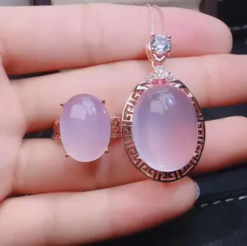 

Real Natural Rose Quartz jewelry set Natural Real Rose Quartz 925 sterling silver 1pc pendant,1pc ring
