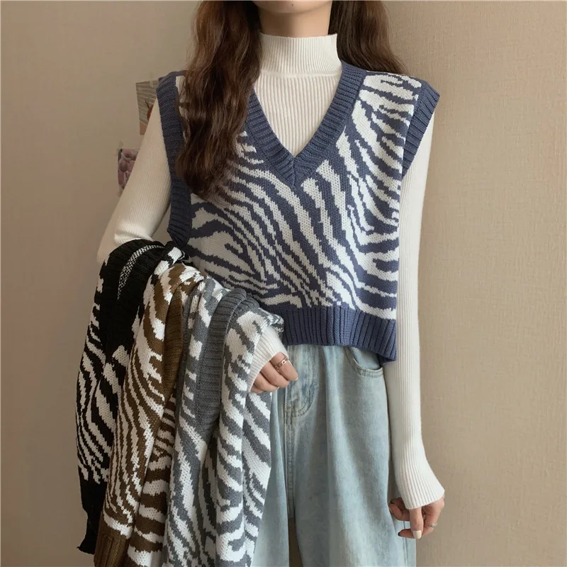 

Women's Zebra Pattern Short Vest, V-Neck Sweater, Thickening and Loose Wear, Winter