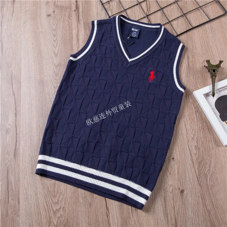 CHILDREN'S Sweater Big Kid New Style Knitted Vest Europe And America BOY'S Cotton Thread V-neck Solid Color Pullover Sweater T70