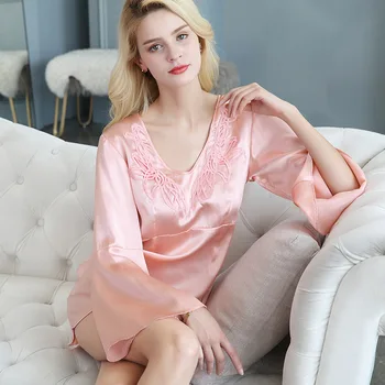 

Summer 100% mulberry silk pajamas, silk nightgown female lace horn sleeve leisure wear short skirt big yards
