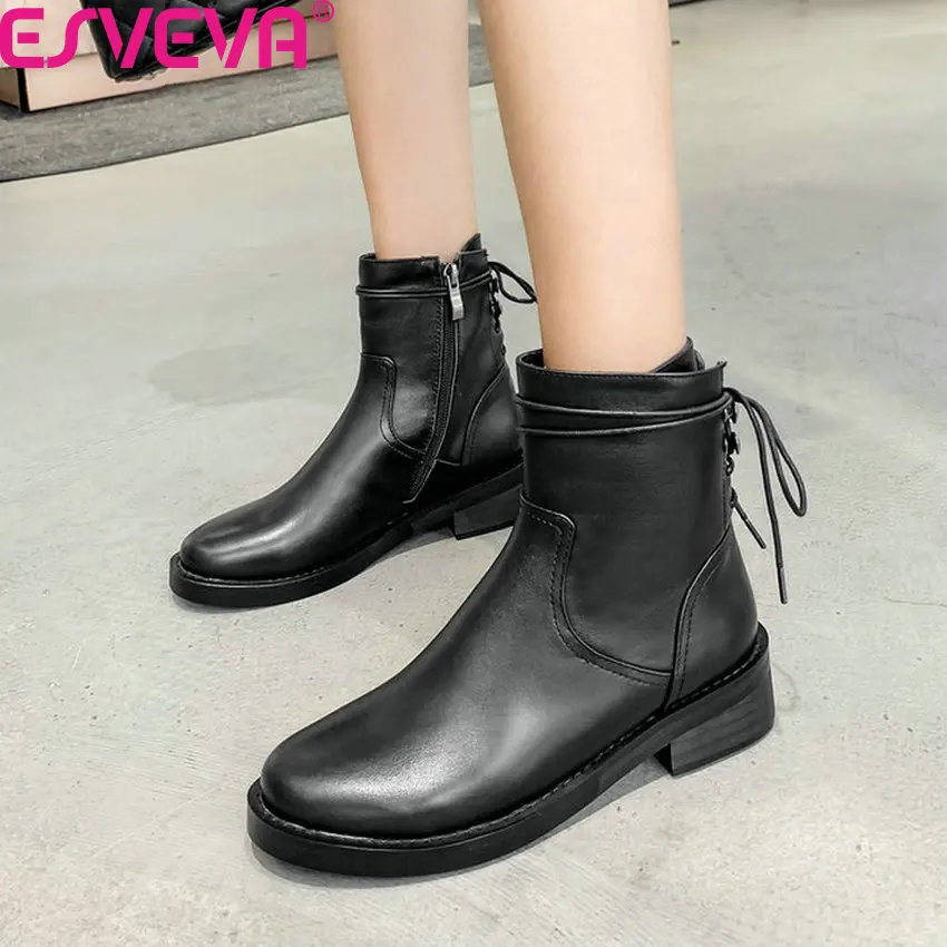 

ESVEVA 2020 Square Heel Round Toe Casual Women Shoes Autumn Winter Cow Leather Fashion Lace Up Zipper Ankle Boots Size 34-39