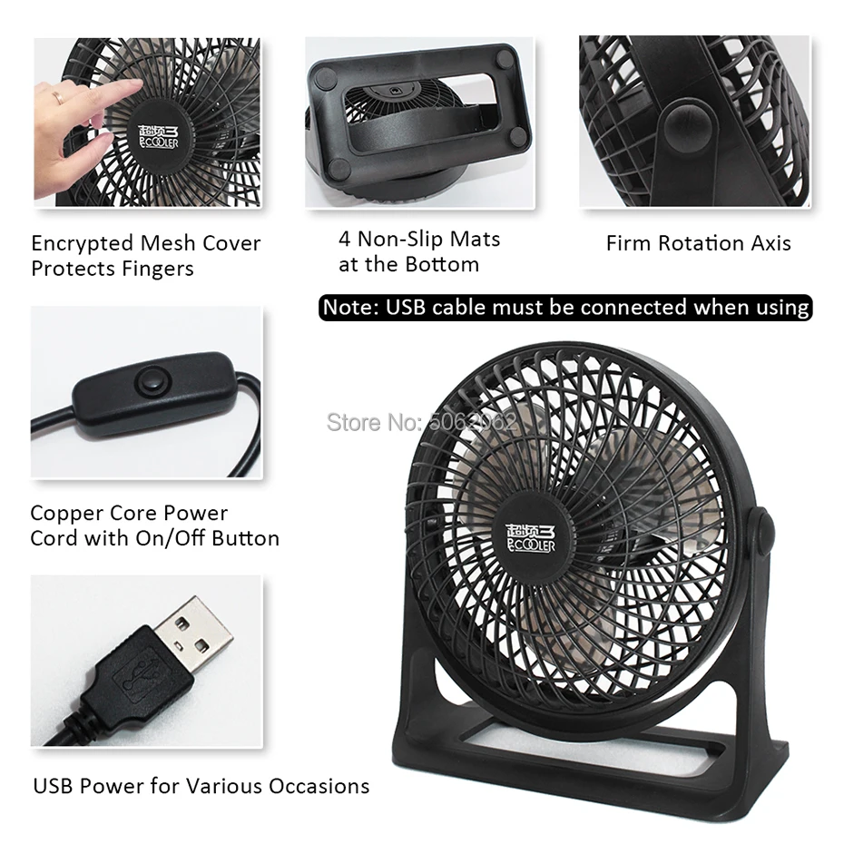 Pccooler портативный мини USB бесшумный вентилятор Настольный компьютер вентилятор 360 ° регулируемый большой объем воздуха для домашнего офиса USB устройства маленький вентилятор