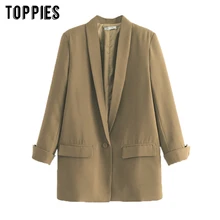 2020 Women Solid Color Long Blazer Jacket Pleated Sleeve Loose Coat Office Lady Work Style Small Suit Single Button Blazer