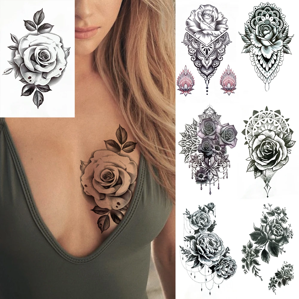 Tatouage Femme Rose Epaule Faux tatouages temporaires de fleurs de Rose pour femmes, Sexy, dentelle de  Lotus, autocollant, Mandala, henné, Jasmine, camélia, pour le corps, épaule  | AliExpress