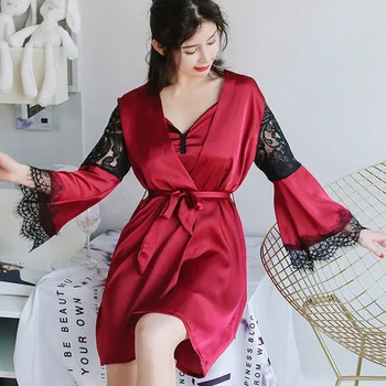 

2 Pieces/Set Sexy Lace Robes Set Women Silk-like Cozy Sleepwear V-Neck Camisole Spring Summer Loose Home Clothes Nightgown