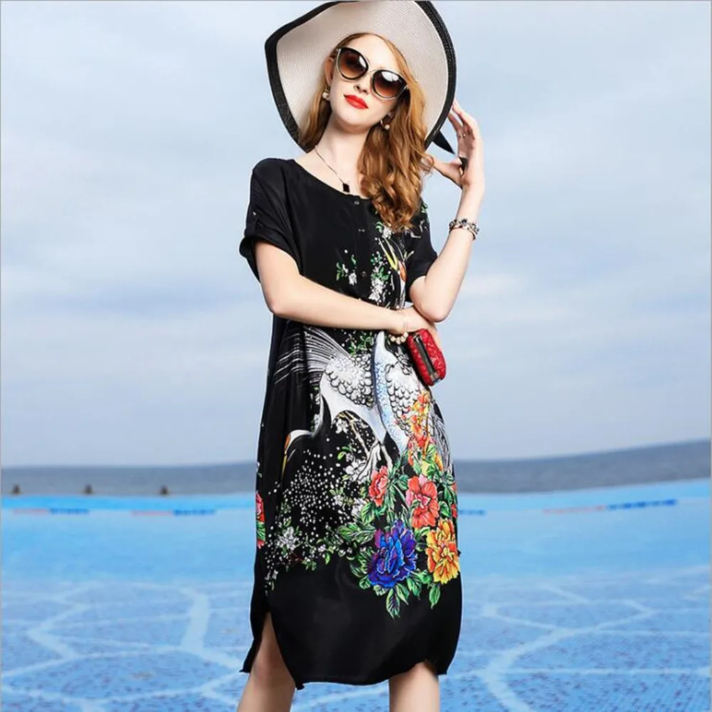 Женская одежда размера плюс на весну и лето, свободные платья из натурального шелка с коротким рукавом и принтом, 0486