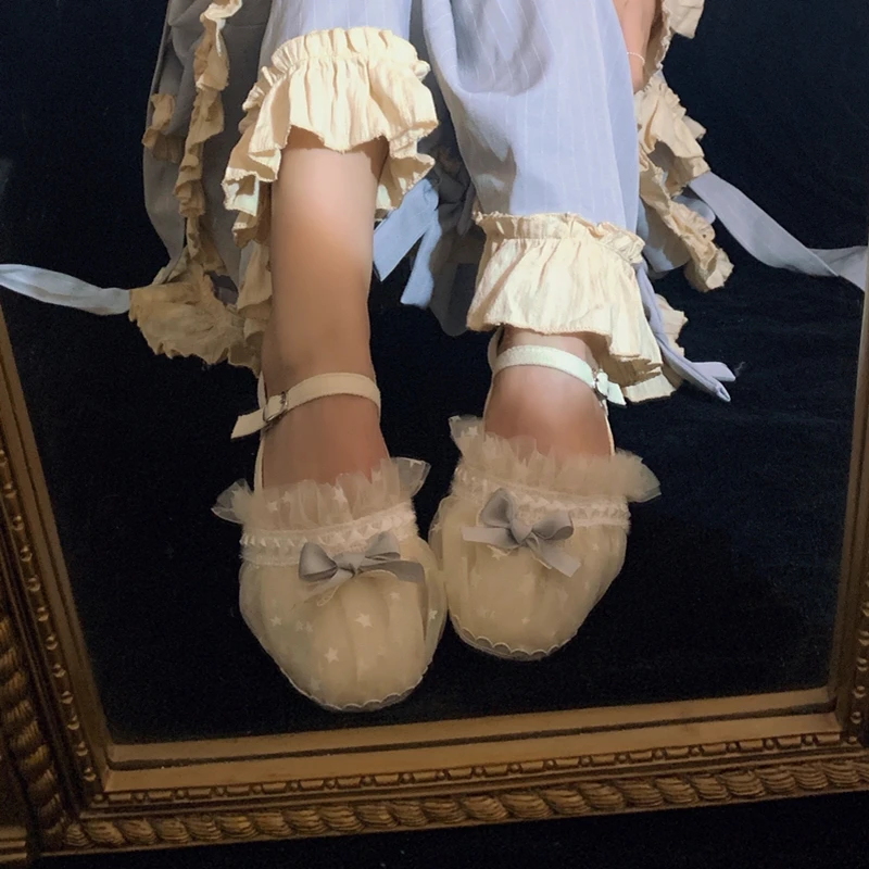 

2021 New Summer Fairy Style Bow Ruffled Princess Style Round Toe Women's Sandals Shallow Mouth Gentle Flat Shoes