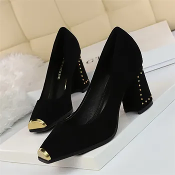 

BIGTREE Western Style Women Pumps Retro Rivet Metal Decoration Sexy Nightclub Ladies High Heel Flock Shallow Mujer Thin Heels
