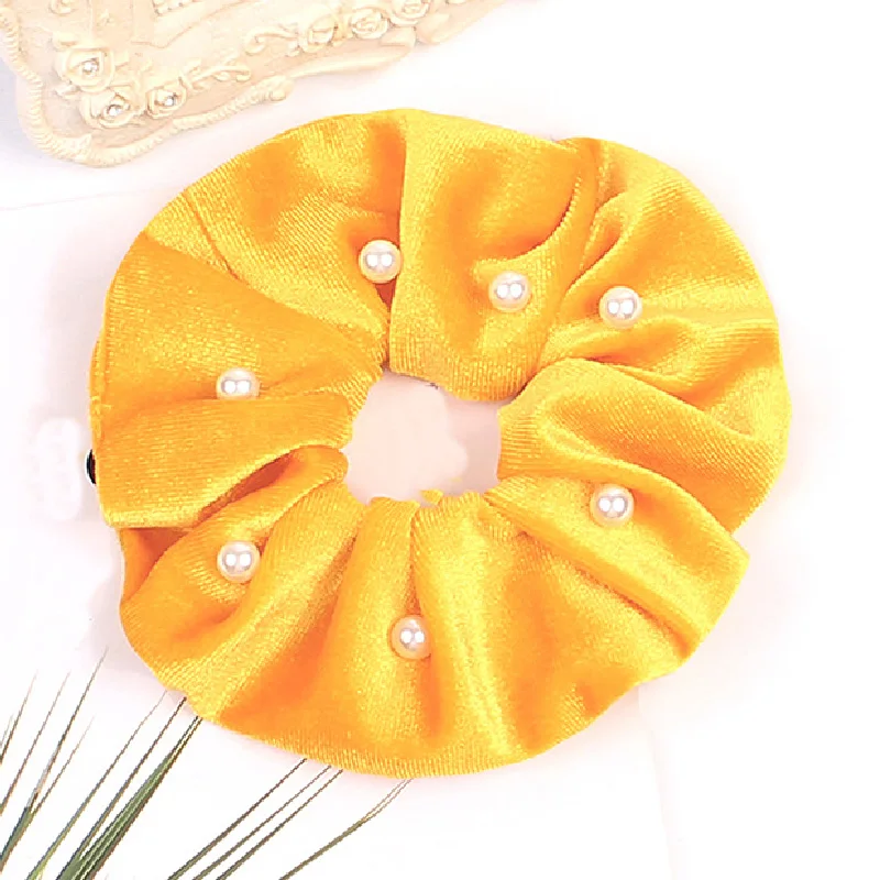 Soft Flannel Scrunchies With Pearl Rope Ties Elastic Hair Bands For Women Sweet Solid Color Ponytail Holder for Hair Accessories - Цвет: Цвет: желтый