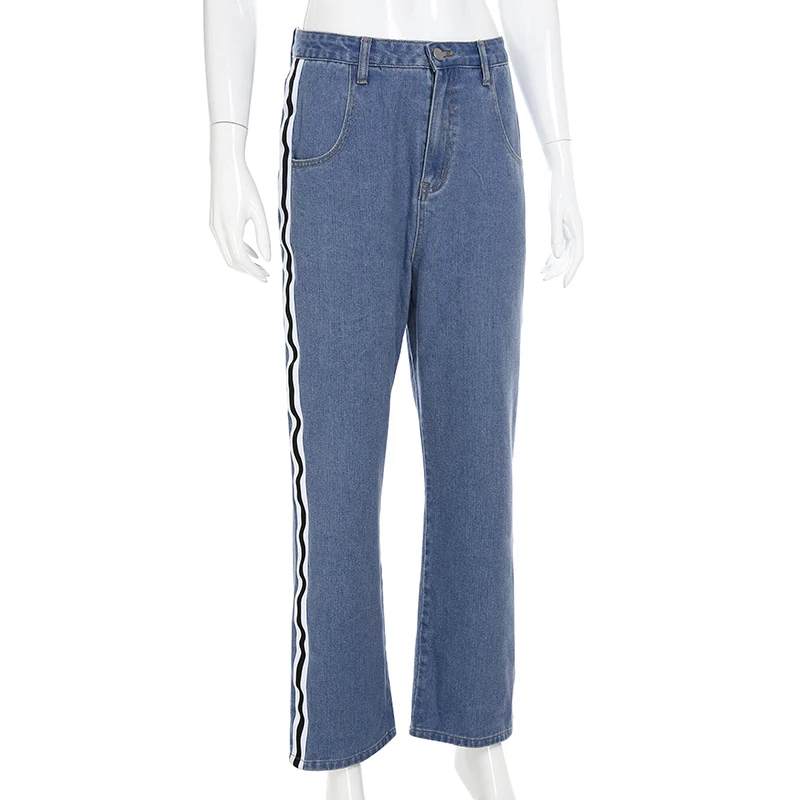 HEYounGIRL Лоскутные полоски джинсовые штаны женские повседневные брюки с высокой талией женские синие с карманами на молнии Длинные брюки капри уличная одежда