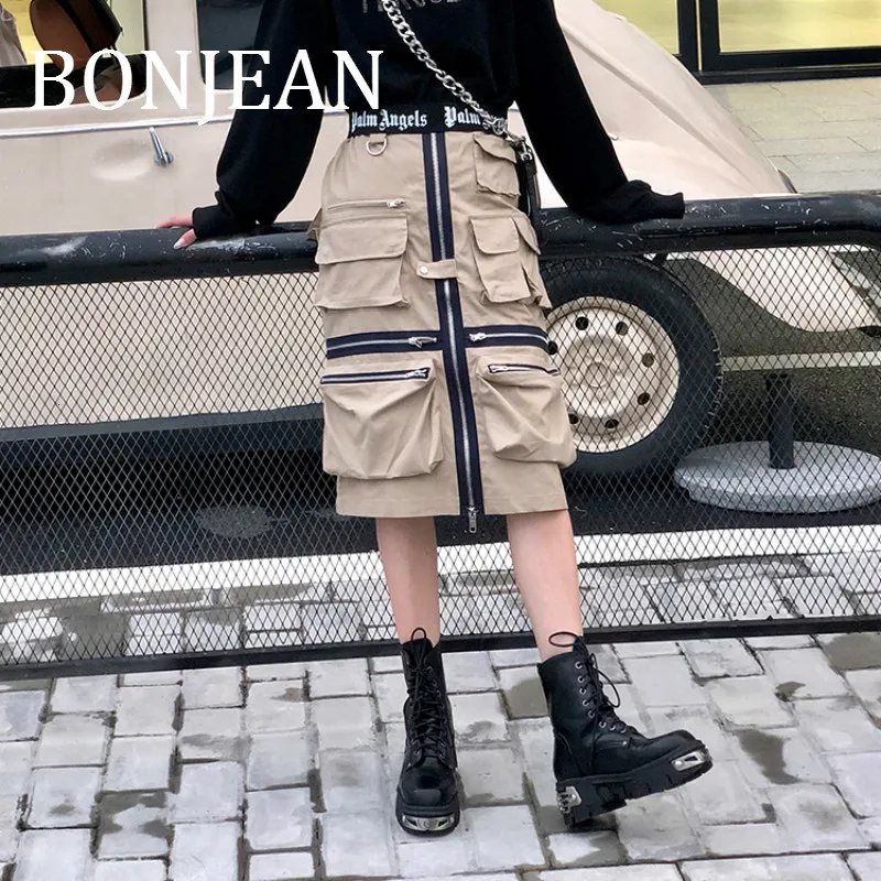 Bonjean юбка-карго для женщин повседневные осенние юбки трапециевидной формы с высокой талией и карманами длиной до колена Юбки цвета хаки BJ1794